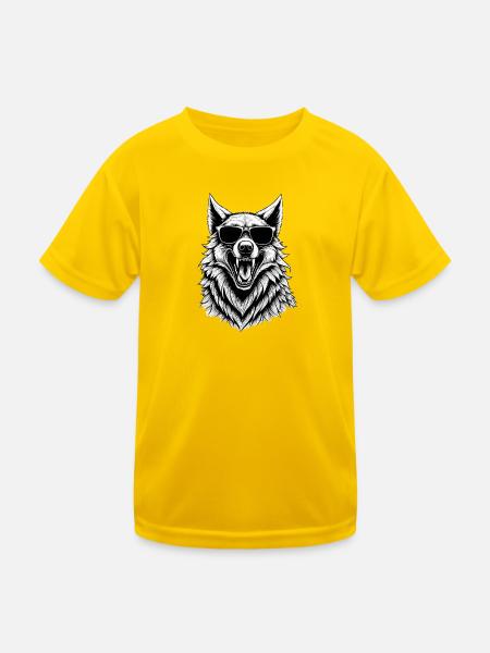 lachender Wolf mit Sonnenbrille - Kinder Funktions-T-Shirt - Eigelb - Vorne