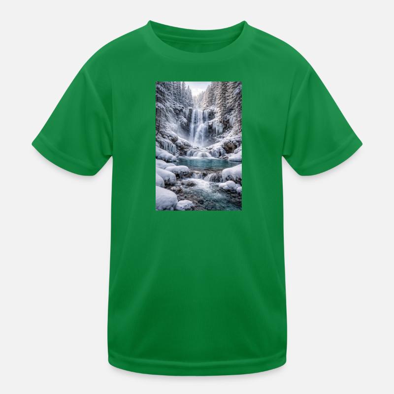 Winter waterfall in snow-covered forest Kids Functional T-Shirt