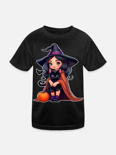 Sorcière mignonne avec chat noir et citrouille - T-shirt sport Enfant - noir - Devant