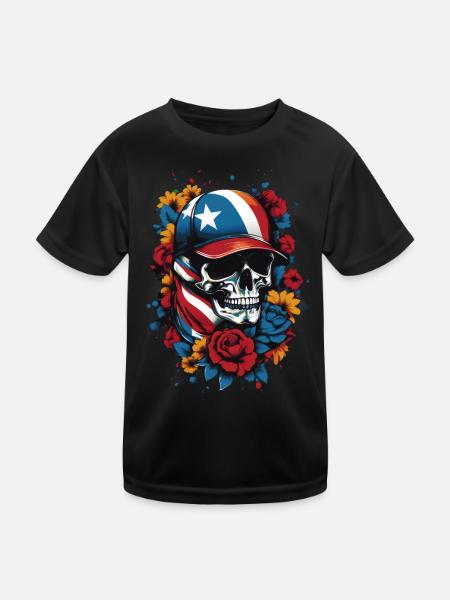 Patriotischer Totenkopf mit Blumendesign - Kinder Funktions-T-Shirt - Schwarz - Vorne