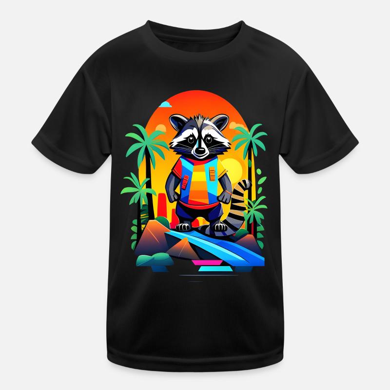 Retro Waschbär in Tropical Sunset Kinder Funktions-T-Shirt
