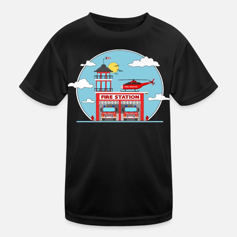 Fire Station with Helicopter and Fire Engine Kids Functional T-Shirt