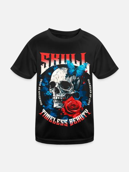 Skull Skull Butterfly Rose Flower - Kids Functional T-Shirt - black - Front