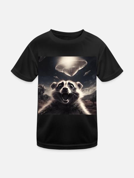 Funny Frightened Raccoon Selfie UFO Alien - Kids Functional T-Shirt - black - Front