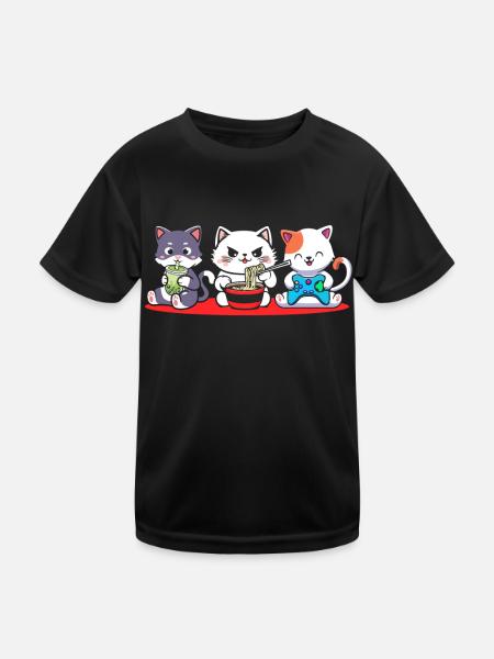 Cat Boba Tea Bubble Tea Gaming Gamer Ramen Anime - Kids Functional T-Shirt - black - Front