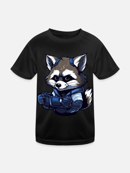 Cute Raccoon Gamer Games Wreck Lovers - Kids Functional T-Shirt - black - Front