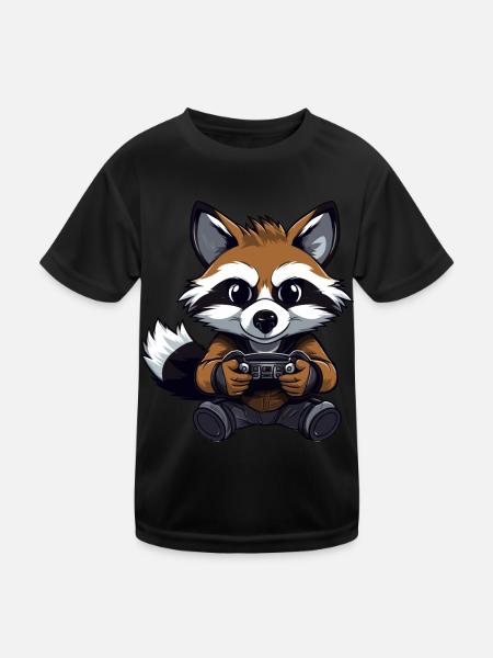 Cute Raccoon Gamer Games Wreck Lovers - Kids Functional T-Shirt - black - Front