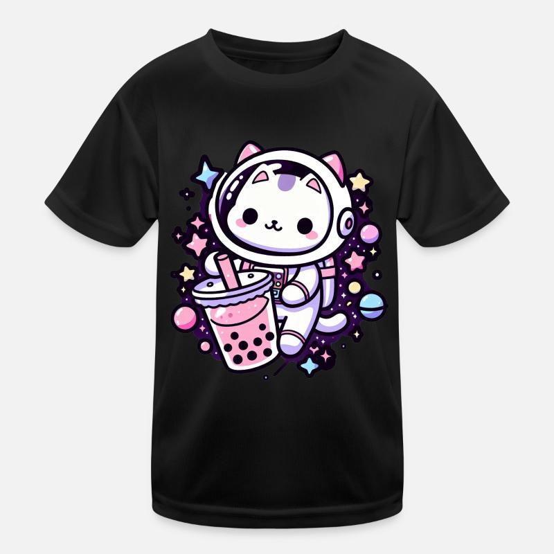 Kawaii Cat Astronaut Bubble Tea in Space Kids Functional T-Shirt