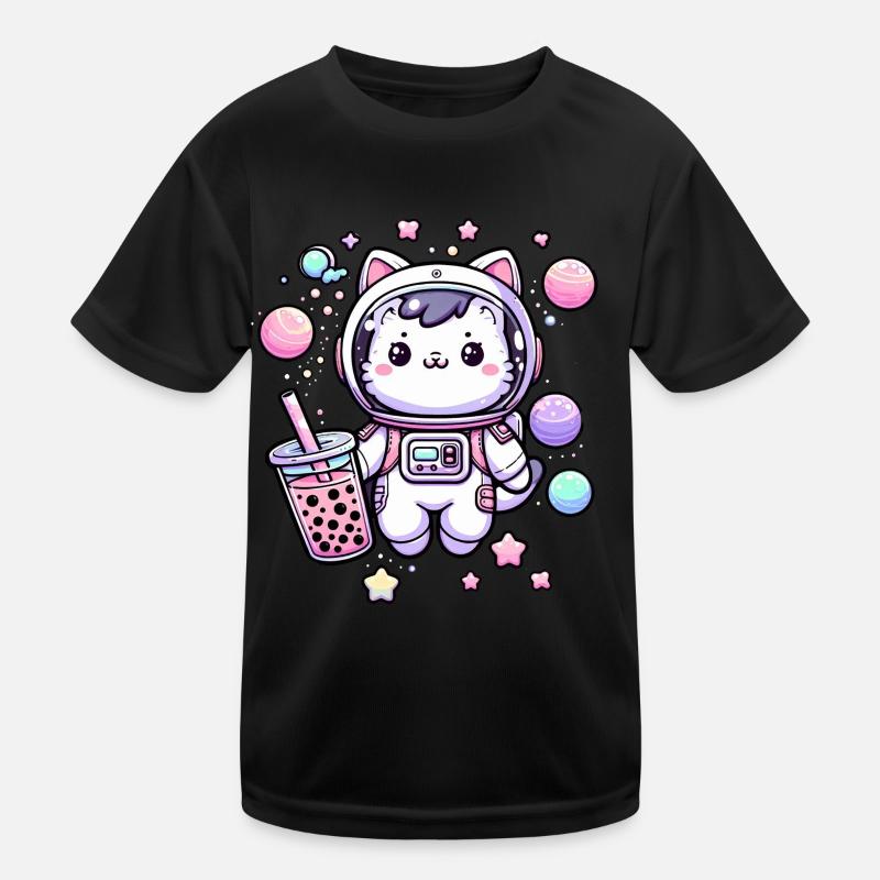Kawaii Cat Astronaut Bubble Tea in Space Kids Functional T-Shirt