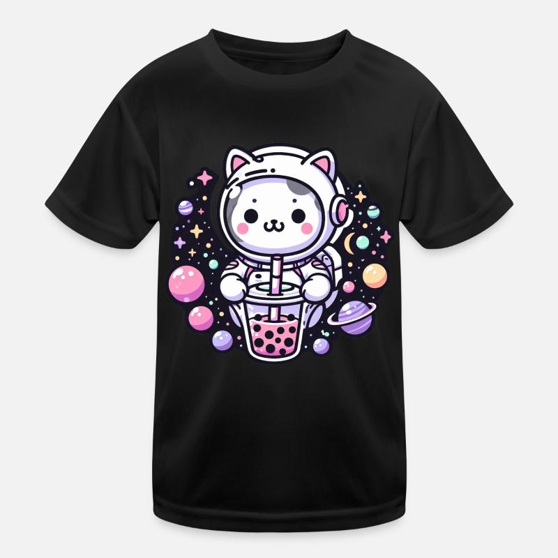 Kawaii Cat Astronaut Bubble Tea in Space Kids Functional T-Shirt