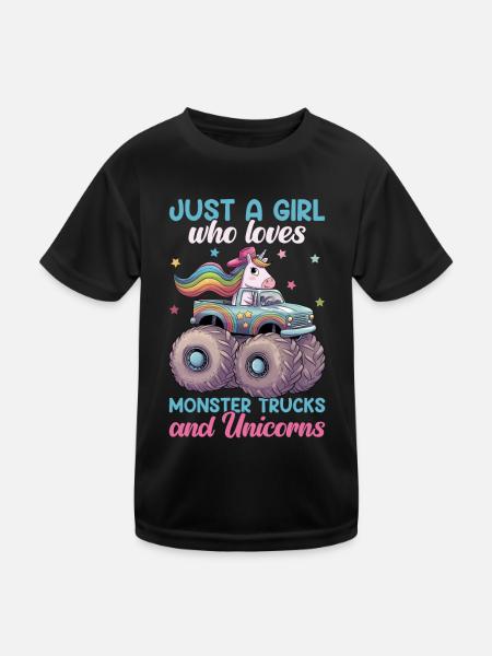 Monster Truck Einhorn Geburtstagsfeier Mädchen - Kinder Funktions-T-Shirt - Schwarz - Vorne