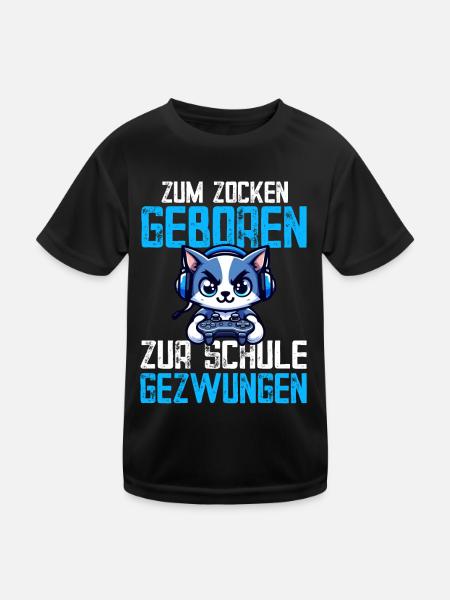 Zum Zocken geboren zur Schule gezwungen Katze - Kinder Funktions-T-Shirt - Schwarz - Vorne