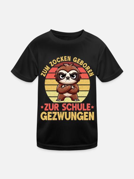 Zum Zocken geboren zur Schule gezwungen Faultier - Kinder Funktions-T-Shirt - Schwarz - Vorne