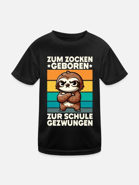Zum Zocken geboren zur Schule gezwungen Faultier - Kinder Funktions-T-Shirt - Schwarz - Vorne