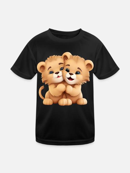 Netter Löwe kuschelt Tier Liebhaber - Kinder Funktions-T-Shirt - Schwarz - Vorne