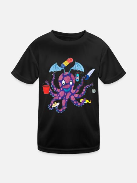 Haushalt- Kraken Tintenfisch Oktopus - Kinder Funktions-T-Shirt - Schwarz - Vorne