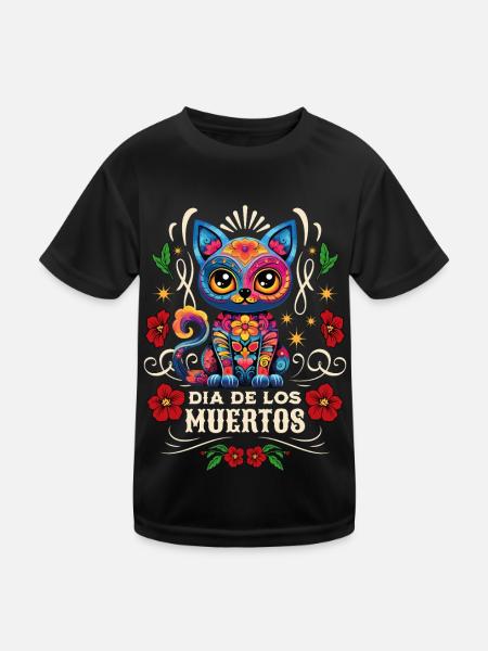 Dia De Los Muertos Meowtos Cat Colorful Flowers - Kids Functional T-Shirt - black