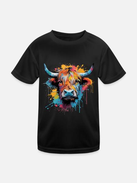 Highland Cow, Aquarell - Kinder Funktions-T-Shirt - Schwarz - Vorne