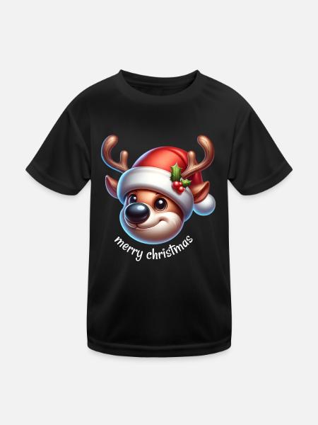 Renne de Noël avec chapeau de Père Noël - T-shirt sport Enfant - noir - Devant