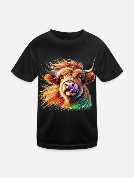 Buntes Aquarell Hochlandkuh - Kinder Funktions-T-Shirt - Schwarz