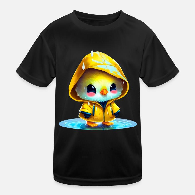 Raincoat wearing chick in puddle Kids Functional T-Shirt