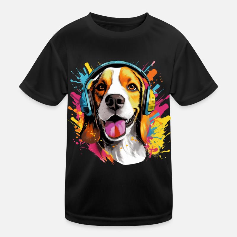 Bunter Beagle mit Kopfhörer Farbspritzer Kinder Funktions-T-Shirt