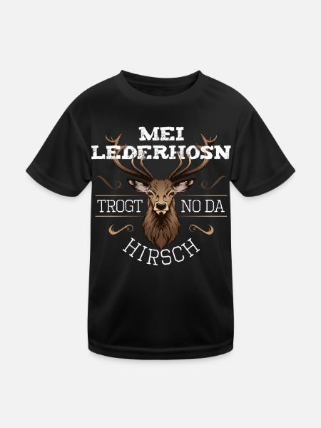 Mei Lederhosn trogt no da Hirsch Wiesn - Kinder Funktions-T-Shirt - Schwarz - Vorne