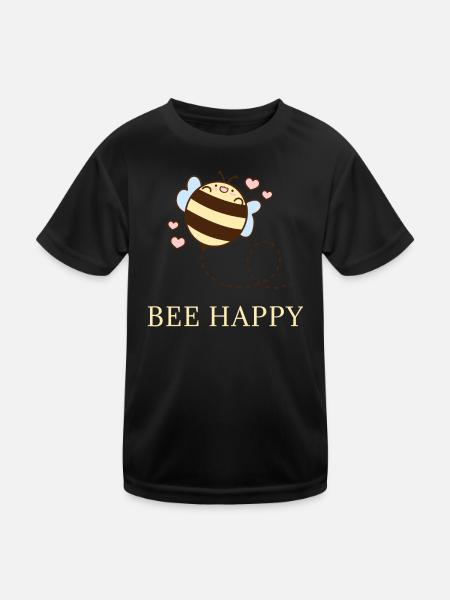 Bee Happy Bienen Design - Kinder Funktions-T-Shirt - Schwarz - Vorne