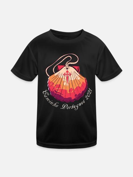 Caminho Portugues 2021 Jakobsweg Pilgermuschel - Kinder Funktions-T-Shirt - Schwarz - Vorne