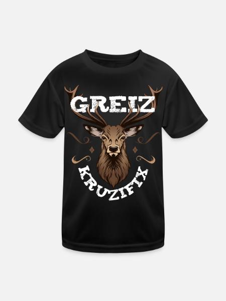 Greiz Kruzifix Fluchen bayrischer Dialekt Hirsch - Kinder Funktions-T-Shirt - Schwarz - Vorne