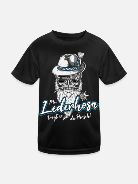 Mei Lederhosn trogt no da Hirsch Ersatz Tracht Bua - Kinder Funktions-T-Shirt - Schwarz - Vorne