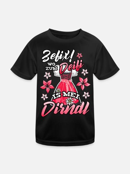 Zefix Wo zum Deifi is mei Dirndl Trachtenshirt - Kinder Funktions-T-Shirt - Schwarz - Vorne