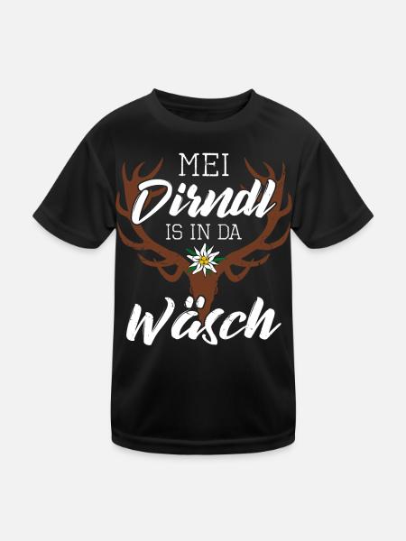 Mei Dirndl is in da Wäsch Hirsch Geweih - Kinder Funktions-T-Shirt - Schwarz - Vorne