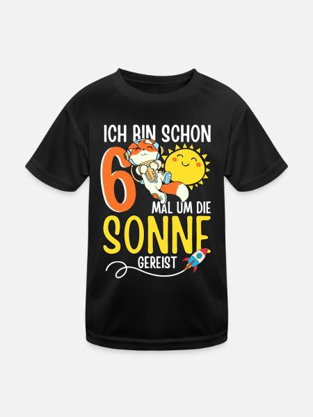 Süßer Fuchs Astronaut 6. Geburtstag Sonne Rakete - Kinder Funktions-T-Shirt - Schwarz - Vorne