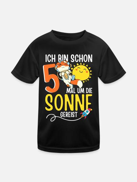 Süßer Fuchs Astronaut 5. Geburtstag Sonne Rakete - Kinder Funktions-T-Shirt - Schwarz - Vorne