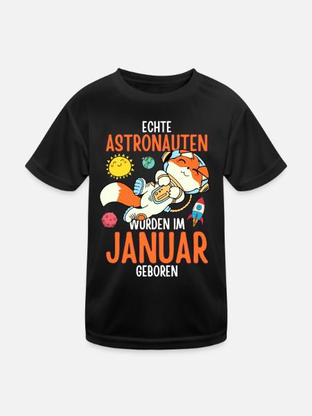 Im Januar geboren - Fuchs Astronaut im Weltall - Kinder Funktions-T-Shirt - Schwarz - Vorne