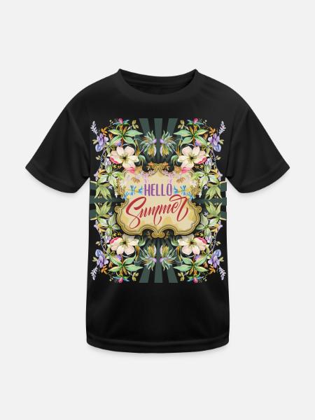 Vintage Flowers, Summer Saying Hello-Summer - Kids Functional T-Shirt - black - Front