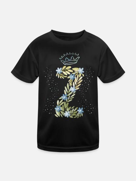 Monogramm Buchstabe Z mit Krone, florales Ornament - Kinder Funktions-T-Shirt - Schwarz - Vorne