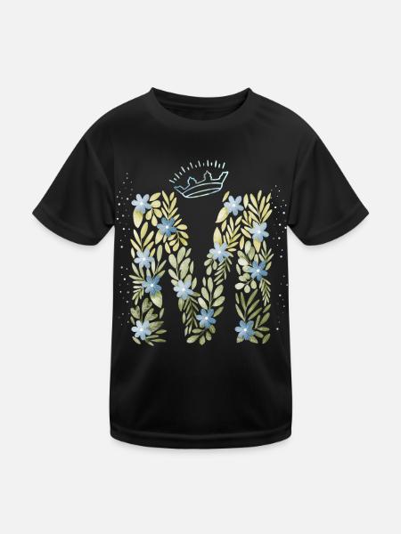 Monogramm Buchstabe M mit Krone, florales Ornament - Kinder Funktions-T-Shirt - Schwarz - Vorne