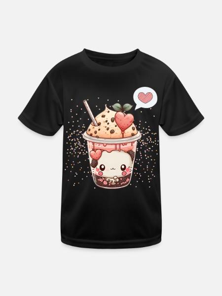 Kawaii Boba Tea for Valentine's Day Bubble Tea Hearts - Kids Functional T-Shirt - black - Front