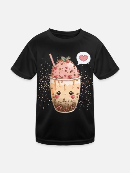 Kawaii Boba Tea for Valentine's Day Bubble Tea Hearts - Kids Functional T-Shirt - black - Front