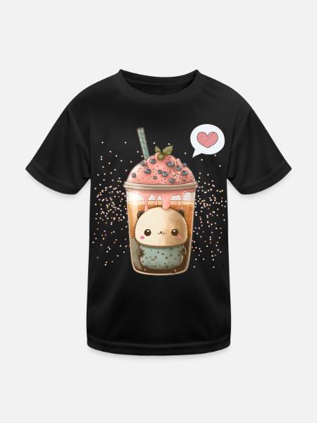 Kawaii Boba Tea for Valentine's Day Bubble Tea Hearts - Kids Functional T-Shirt - black - Front