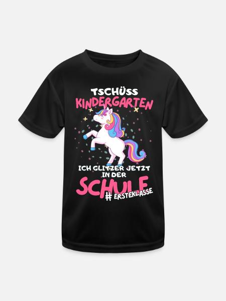 Tschüss Kindergarten hallo Einschulung mit Einhorn - Kinder Funktions-T-Shirt - Schwarz - Vorne