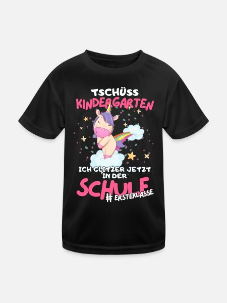 Glitzerndes Einhorn-Design für den Schulstart Kita - Kinder Funktions-T-Shirt - Schwarz - Vorne