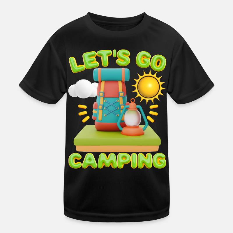 Camping, slogan with backpack in 3d design Kids Functional T-Shirt