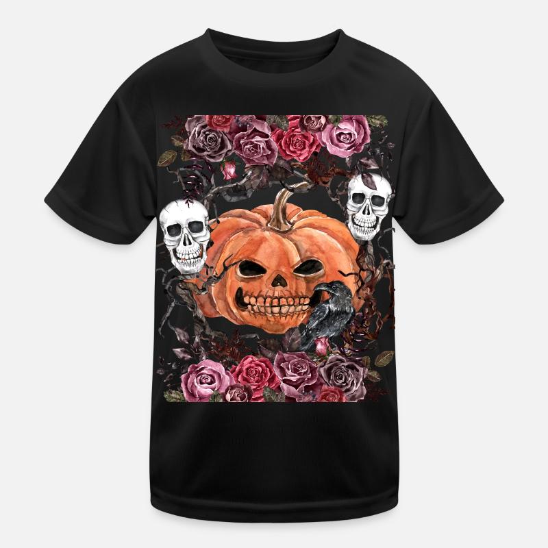 Unheimliche Totenköpfe mit Halloween-Kürbis Kinder Funktions-T-Shirt
