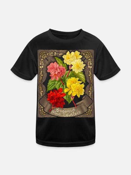 Begonia flower, vintage botanical illustration - Kids Functional T-Shirt - black - Front