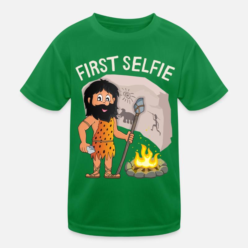 Funny Neanderthal, First Selfie, Saying, Pun Kids Functional T-Shirt
