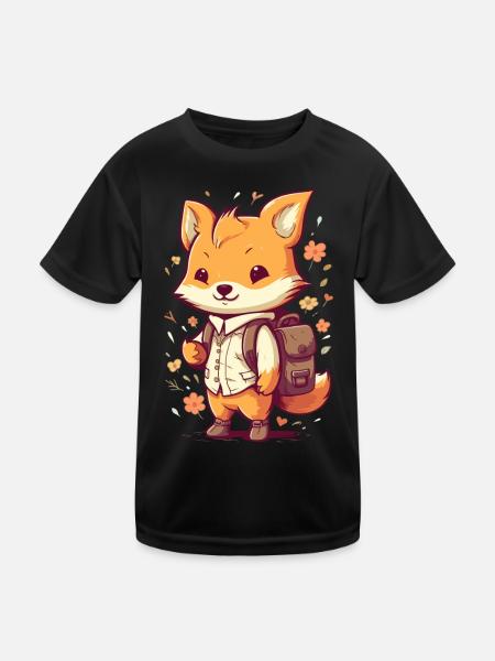 Süßer Cartoon Fuchs mit Rucksack für Kitakinder - Kinder Funktions-T-Shirt - Schwarz - Vorne