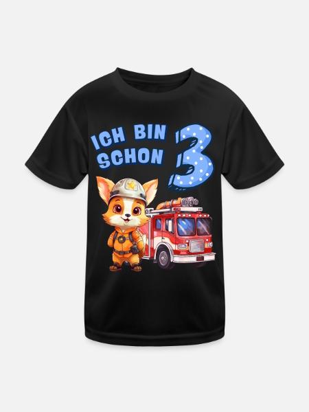 3. Geburtstag Jungen Fuchs Feuerwehrauto 3 Jahre - Kinder Funktions-T-Shirt - Schwarz - Vorne